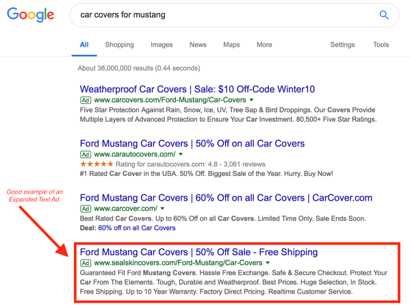 Expanded Text Ads example