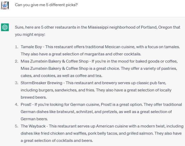 ChatGPT recommendations for restaurants